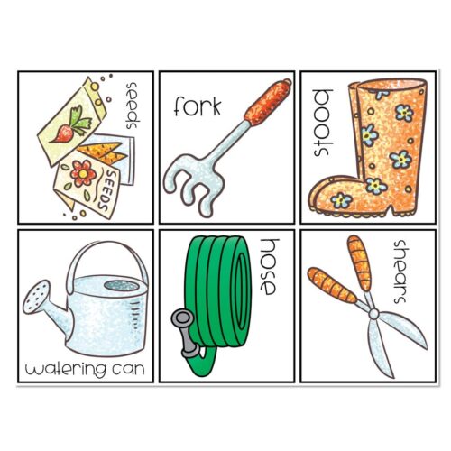 Colorful garden tools and supplies for kids, including seeds, fork, boots, watering can, hose, and scissors, perfect for early childhood learning and preschool activities.