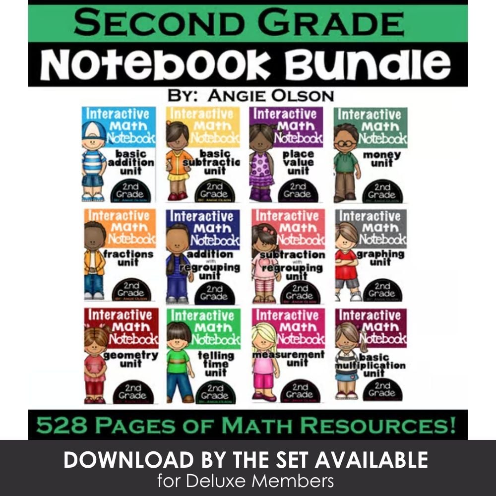 Second grade math notebook bundle, interactive math activities, addition, subtraction, fractions, geometry, time, measurement, multiplication, math resources for 2nd grade students.