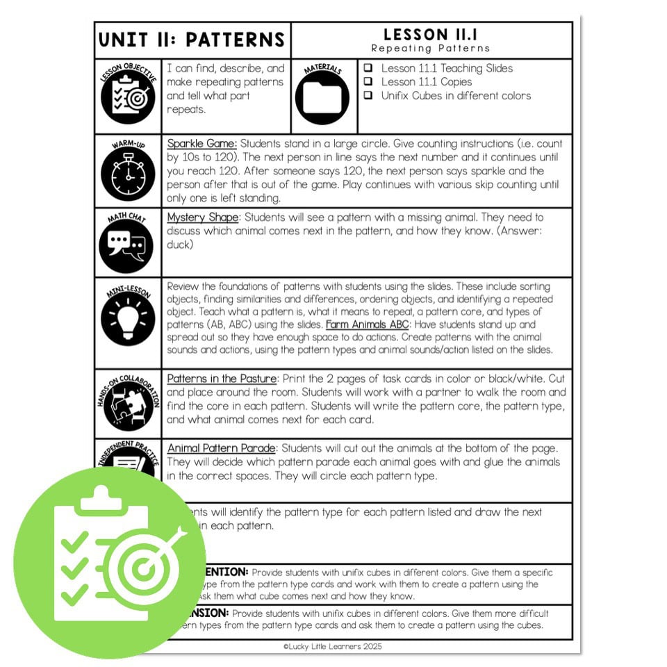 Lucky to Learn Math – Lesson 11.1 - Repeating Patterns - Lesson Plan ...