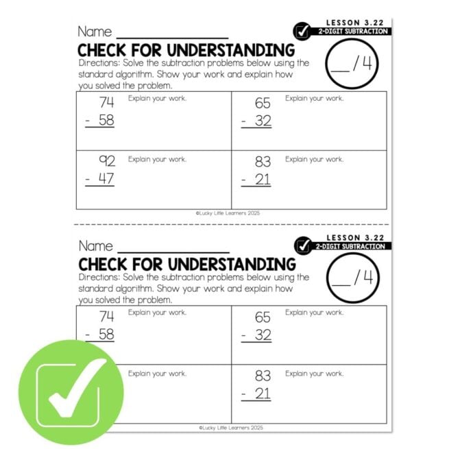 Subtraction Standard Algorithm Assessment.pdf Lucky to Learn Math – Lesson 3.22 – Standard Algorithm Subtraction ...