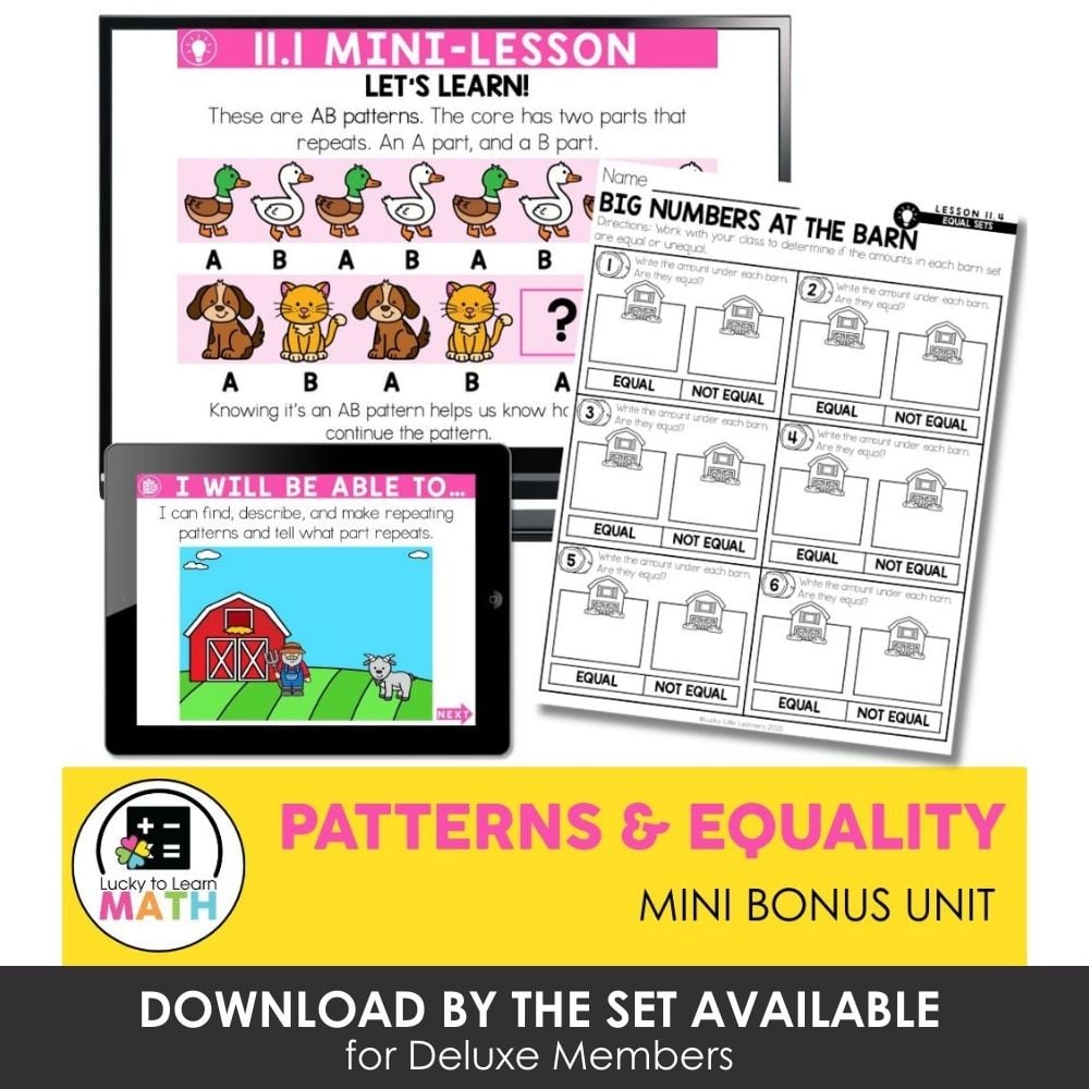 Colorful mini lesson on patterns and equality for early elementary learners, includes worksheets and interactive activities to teach AB patterns, comparing amounts, and recognizing equality in objects.