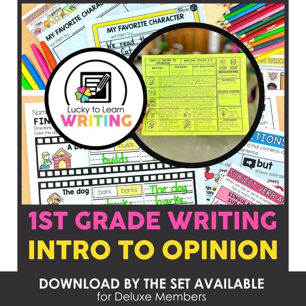 Encourages 1st grade students to develop writing skills with fun, interactive activities focusing on opinion writing, sentence building, and foundational literacy.