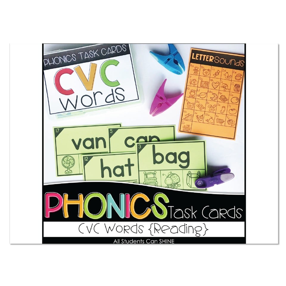 Phonics Task Cards - Reading CVC Words - Lucky Little Learners