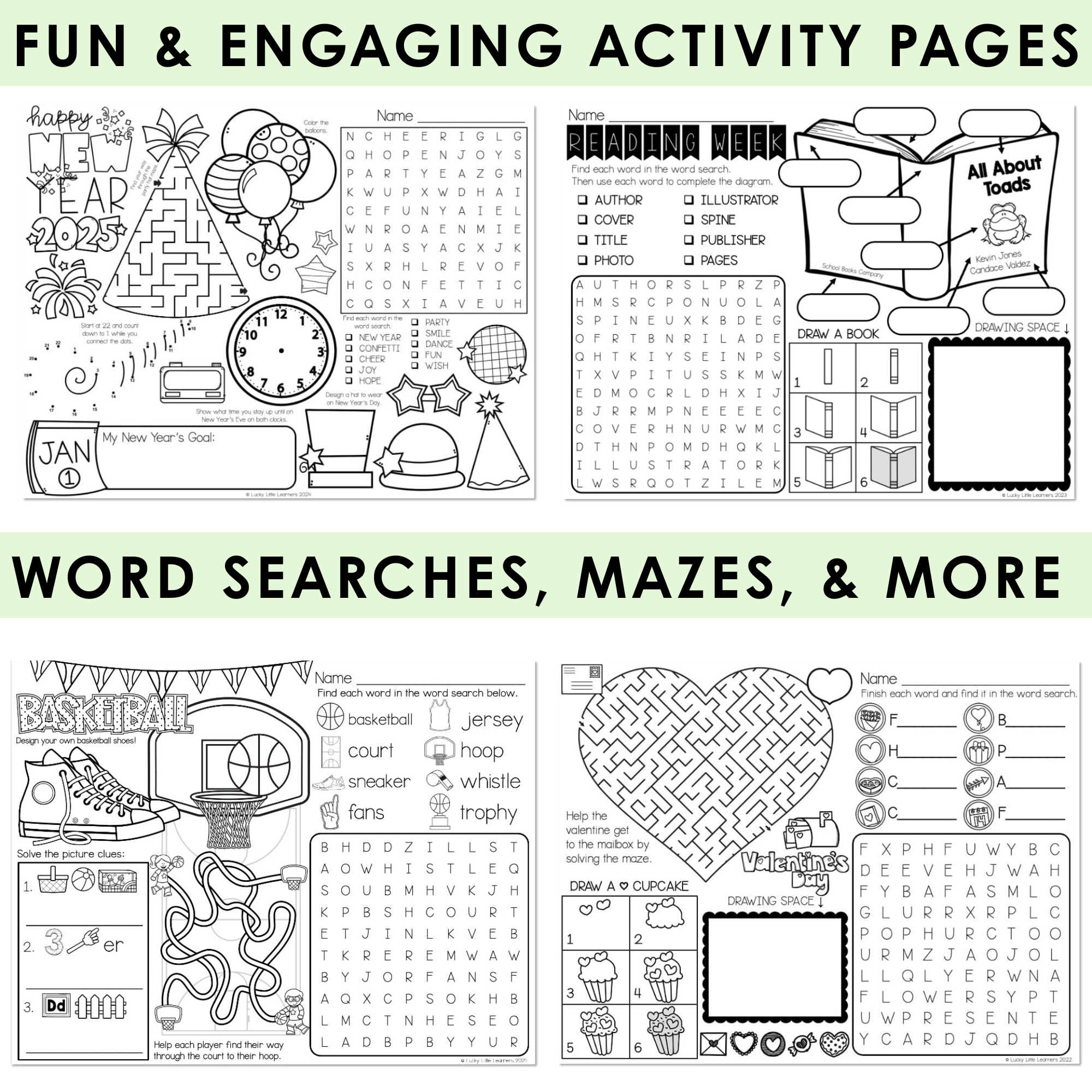 Bright, engaging educational activity pages for kids including word searches, mazes, coloring sheets, and learning puzzles, perfect for classroom or home use, from Lucky Little Learners.