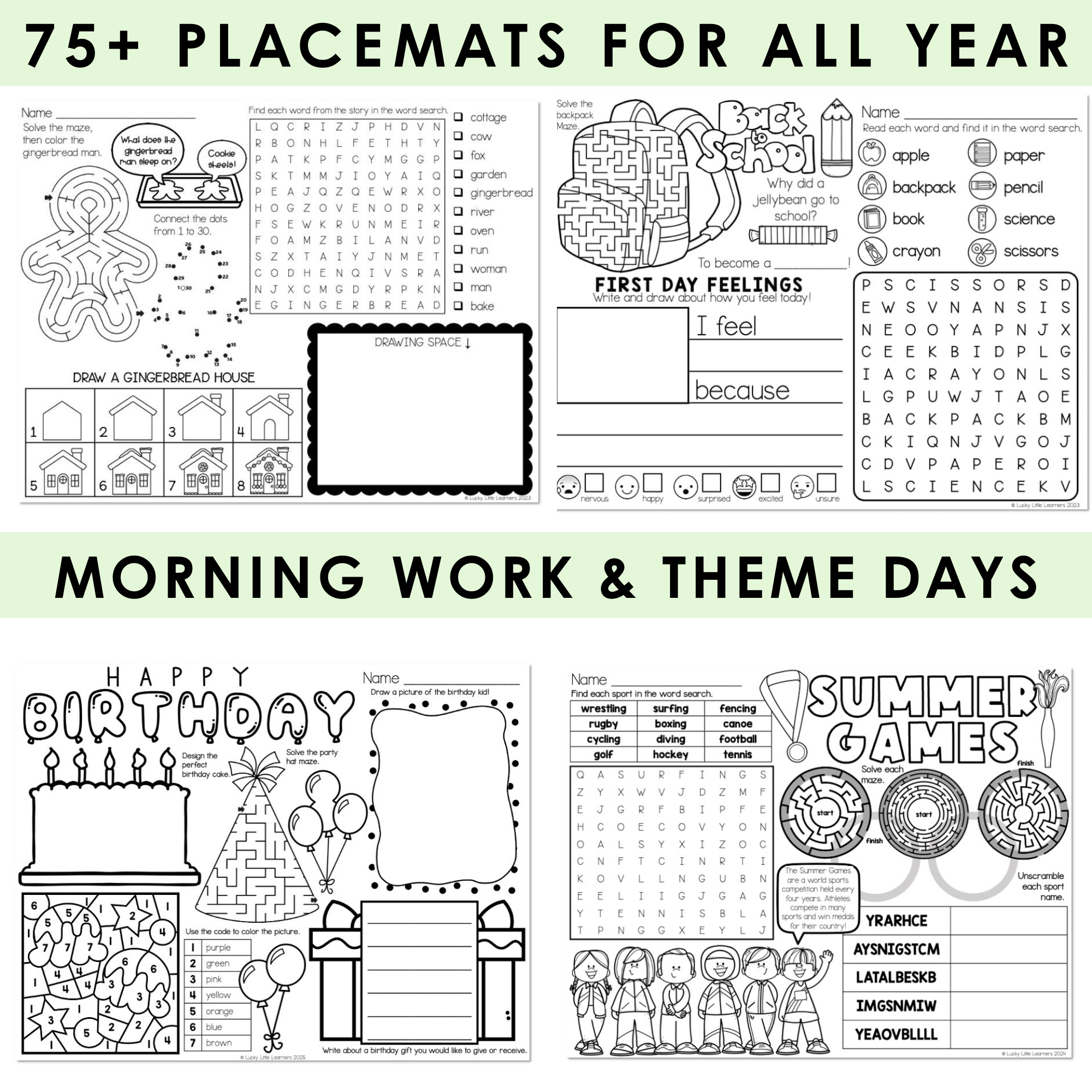 Colorful early education activity worksheets for kindergarten and preschool students featuring word searches, puzzles, and themed learning exercises.