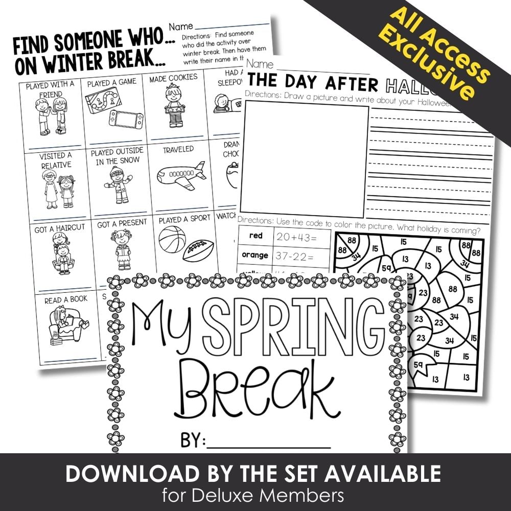 Bright spring-themed printable activity worksheets for early learners, focusing on spring break, holidays, and educational fun, available exclusively on Lucky Little Learners.