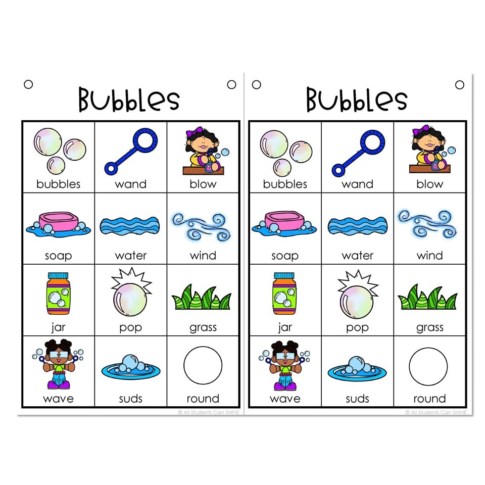 Themed Vocabulary Word Lists - Bubbles - Lucky Little Learners