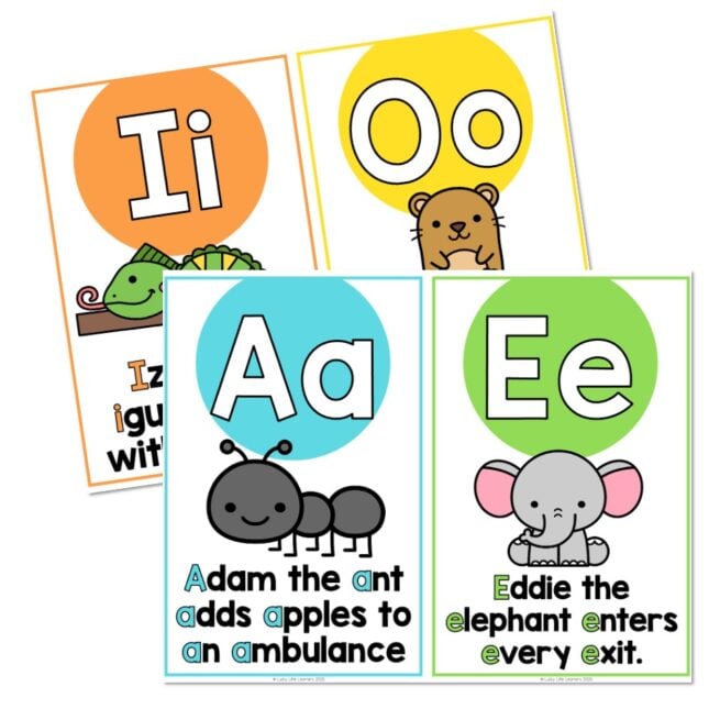 Vowel Alliteration Posters - Short Vowels - Lucky Little Learners