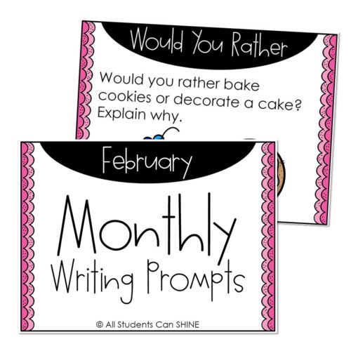 Colorful monthly writing prompts for early elementary, engaging students in January and February themed activities, perfect for classroom learning and literacy development.