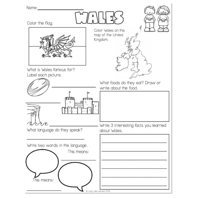 Country Study - Wales - Information Worksheet - Lucky Little Learners