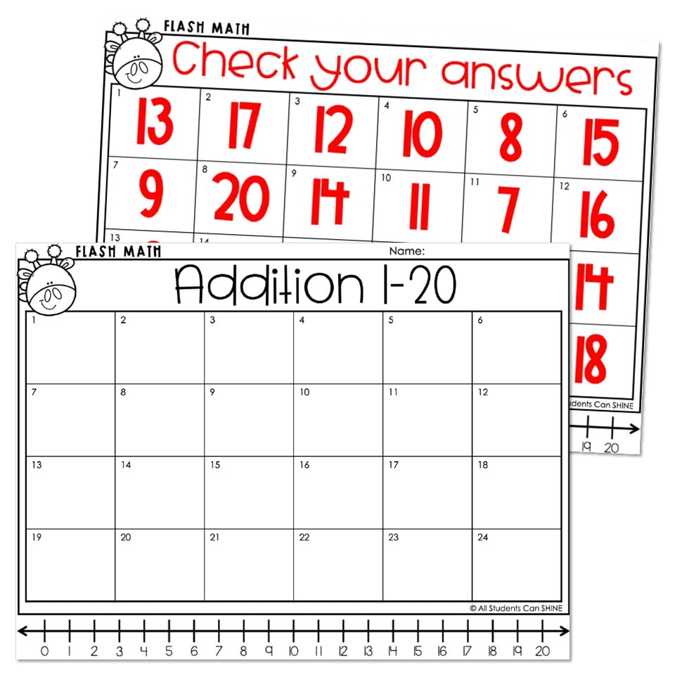 Answer Recording Math Sheets Digital Flash Math Games - Addition 1-20 Recording Sheet - Lucky Little ...