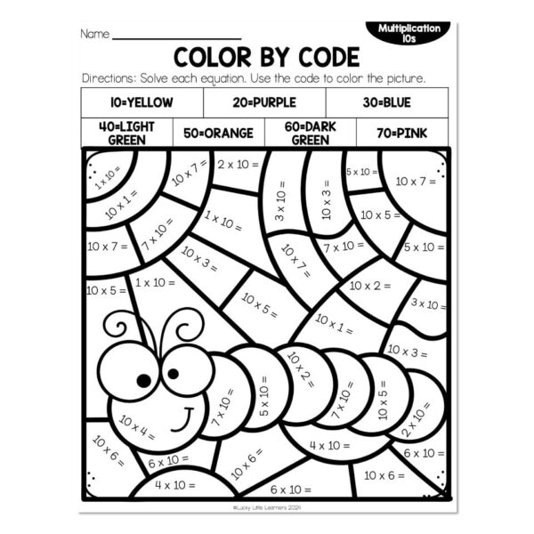 Multiplication by 10 Spring Color by Code - Caterpillar - Lucky Little ...