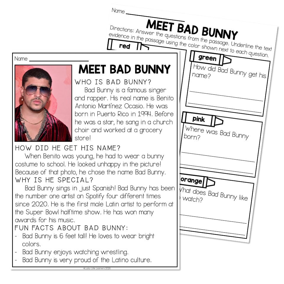 Nonfiction Text Evidence – Reading Passage and Questions – Meet Bad Bunny
