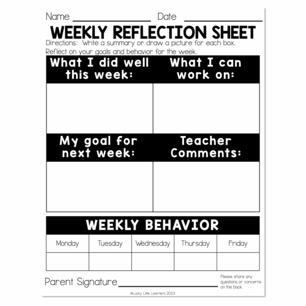 Weekly Student Reflection Sheet - Lucky Little Learners