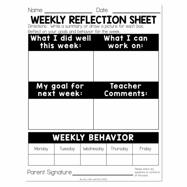 Weekly Student Reflection Sheet - Lucky Little Learners