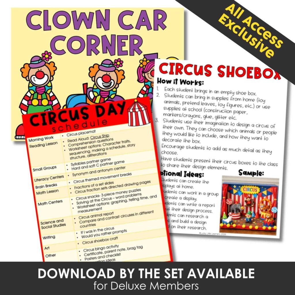 Colorful clown-themed educational poster featuring circus activities, schedule, and learning ideas for children, designed to engage young learners in fun, interactive ways.