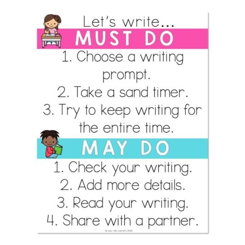 Educational poster from Lucky Little Learners with writing tips for students, including "Must Do" and "May Do" activities, featuring colorful sections and simple instructions for classroom writing pr.