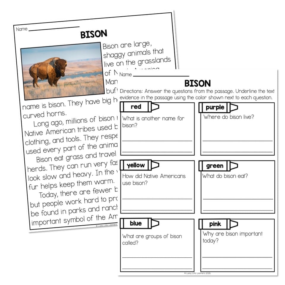 Reading Passage – Nonfiction Text Evidence – Bison - Lucky Little Learners