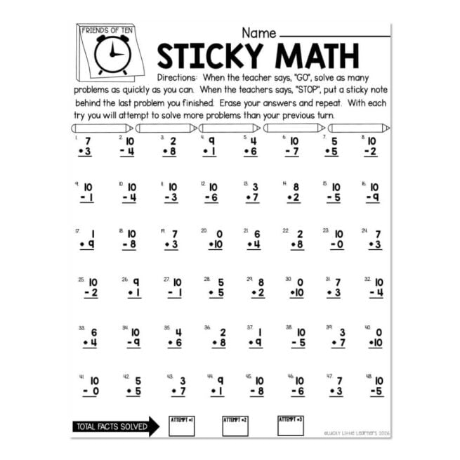 Sticky Math Fact Practice - Addition and Subtraction - Friends of Ten ...