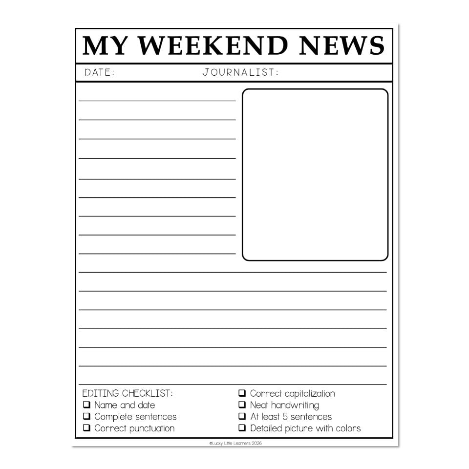Writing Template - My Weekend News - Lucky Little Learners