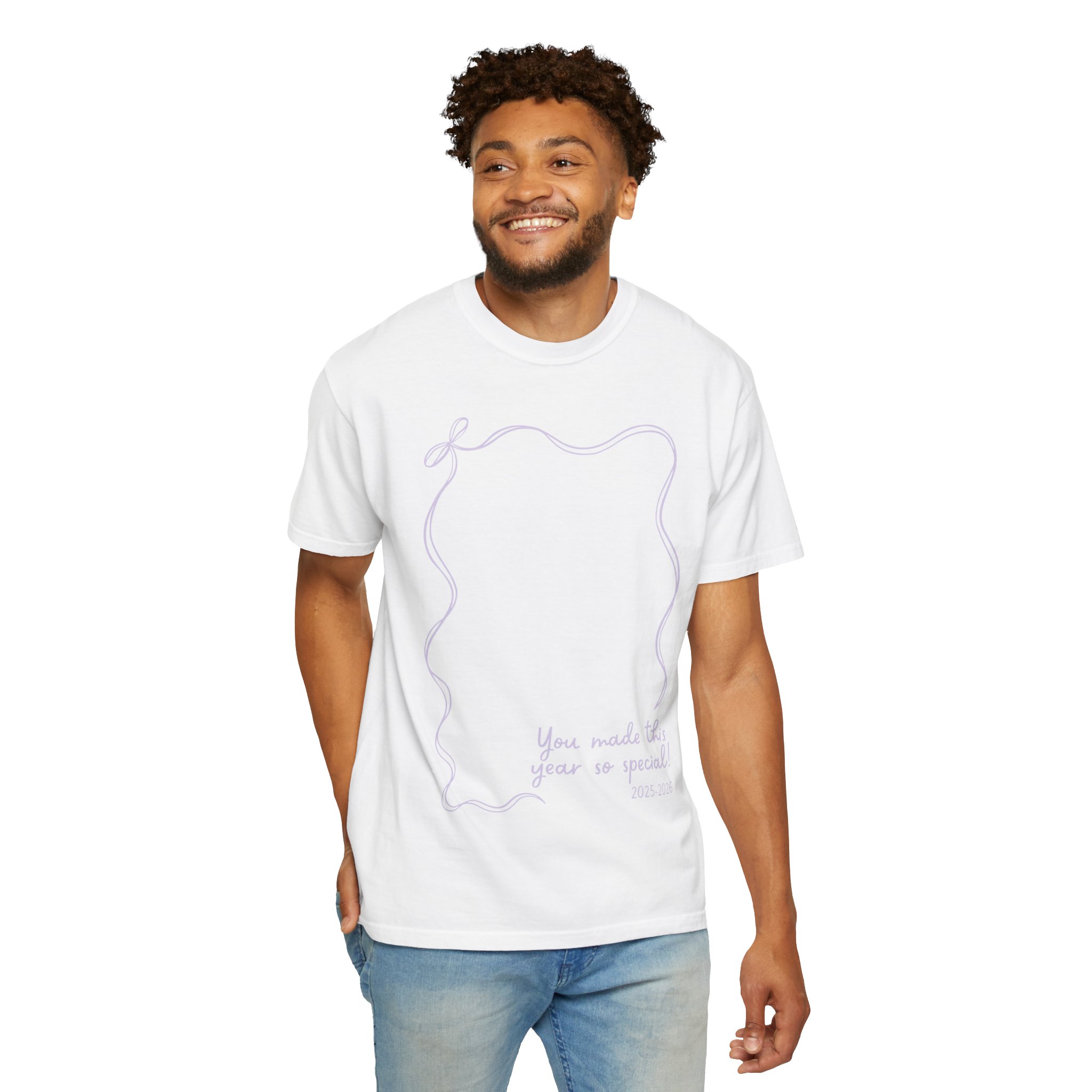 A white teacher T-shirt with a customizable autograph area, perfect for year-end keepsakes and teacher appreciation, featuring the keywords "Lucky Little Learners" and "r" for educational gifts.