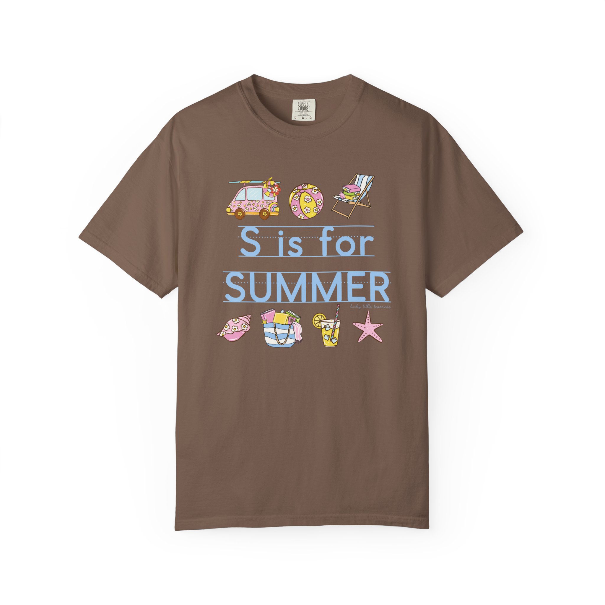 Relaxed, colorful "S is for Summer" teacher T-shirt with summer-themed icons, perfect for last day of school celebrations and summer teaching events.