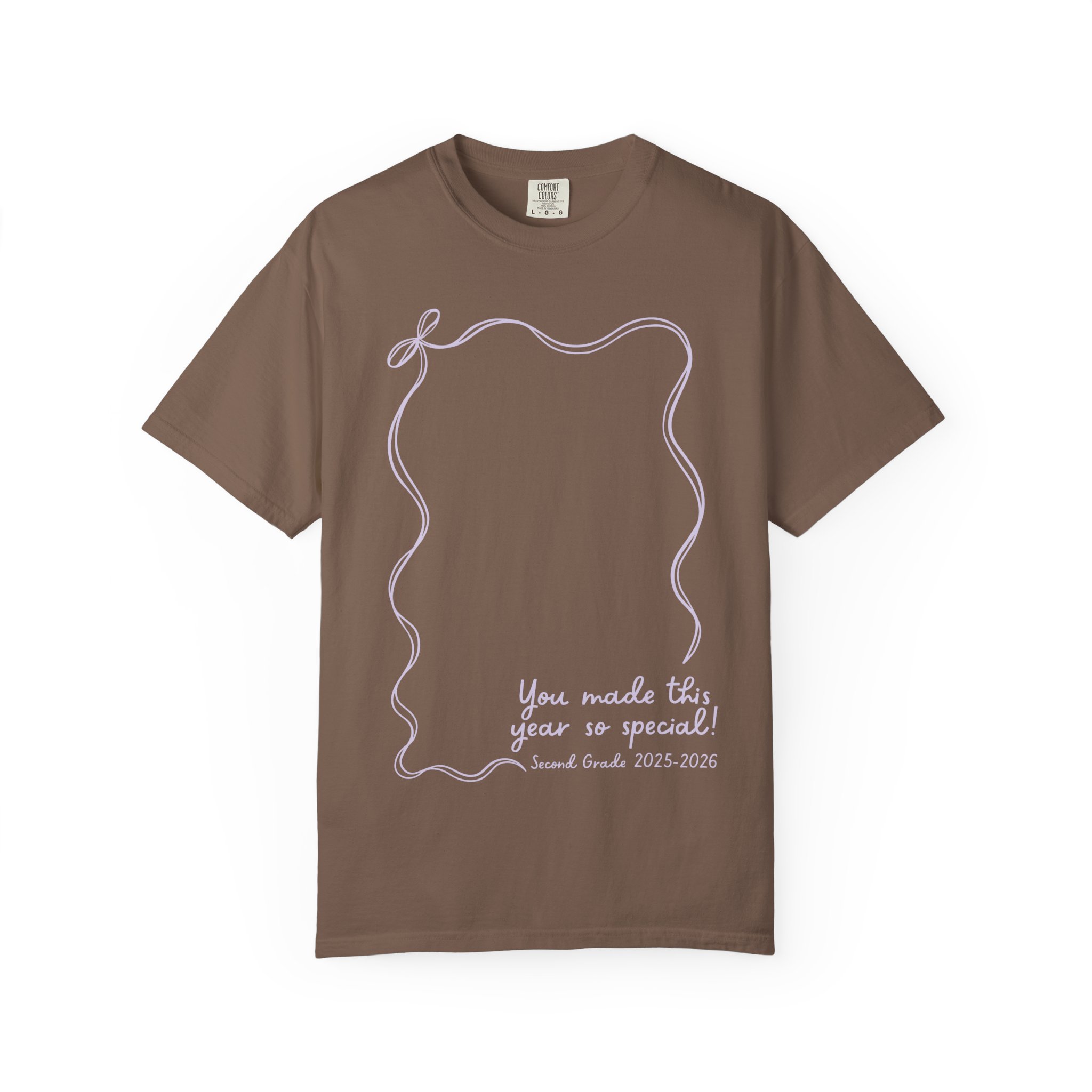 A second grade autograph T-shirt with a brown background, featuring a white, wavy border design and the text "You made this year so special! Second Grade 2025-2026," perfect for teacher year-end keep.
