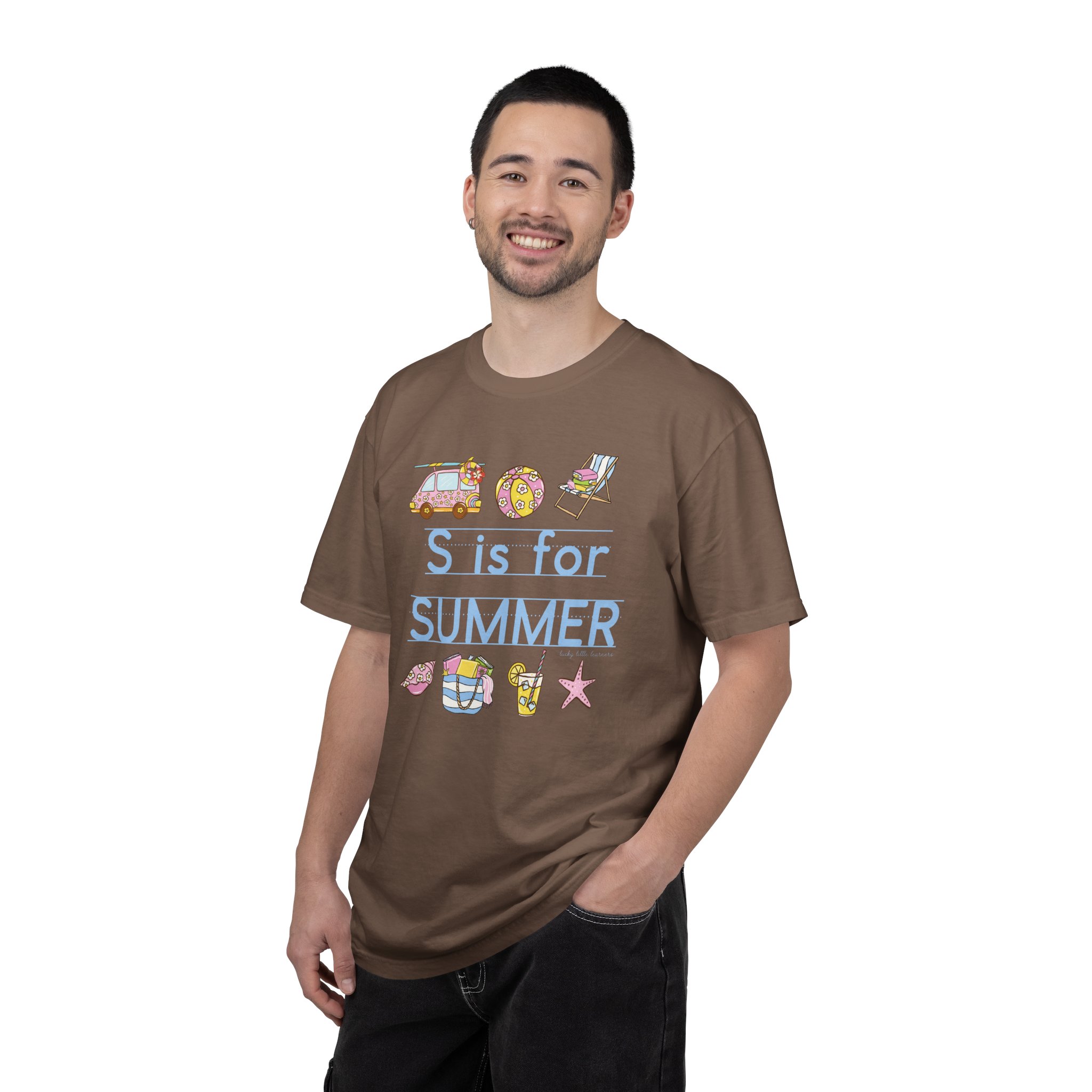 A colorful teacher T-shirt with the text "S is for Summer" featuring summer-themed icons like a beach ball, sunglasses, and a star, perfect for last day of school celebrations and summer teaching act.