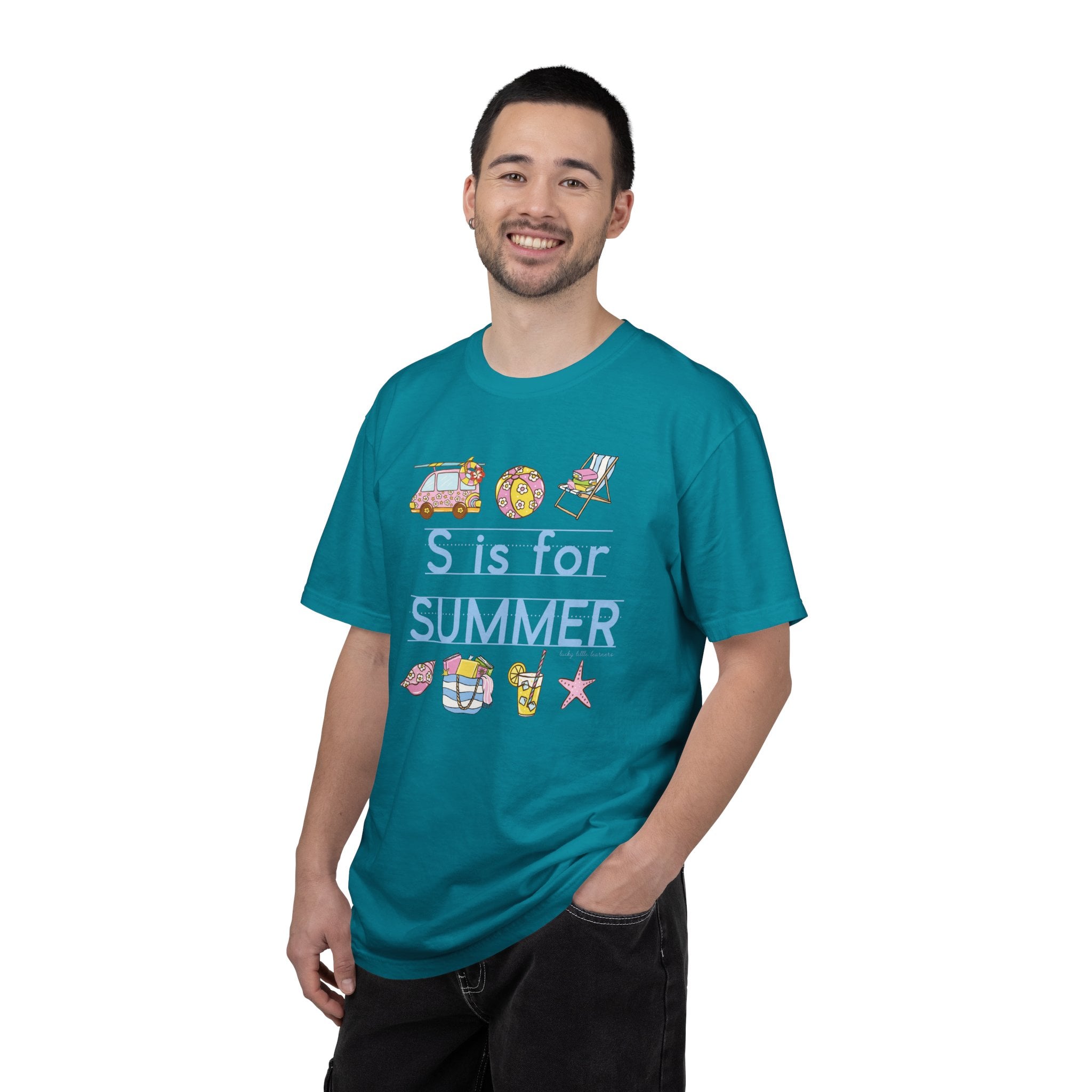 Relaxed fit teacher T-shirt with "S is for Summer" text, featuring summer-themed icons like a beach ball, ice cream, starfish, and sunglasses, perfect for last day of school celebrations.