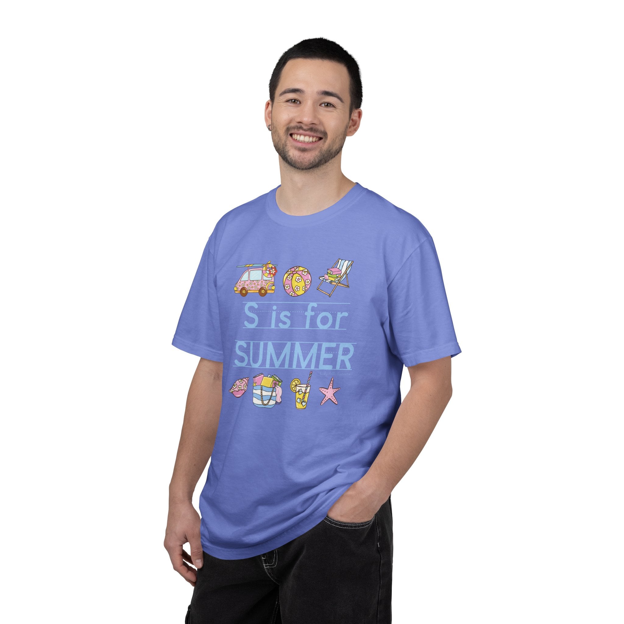 Enjoy the last day of school with this S is for Summer Teacher T-Shirt, perfect for celebrating the end of the school year and summer fun, featuring colorful summer-themed illustrations.