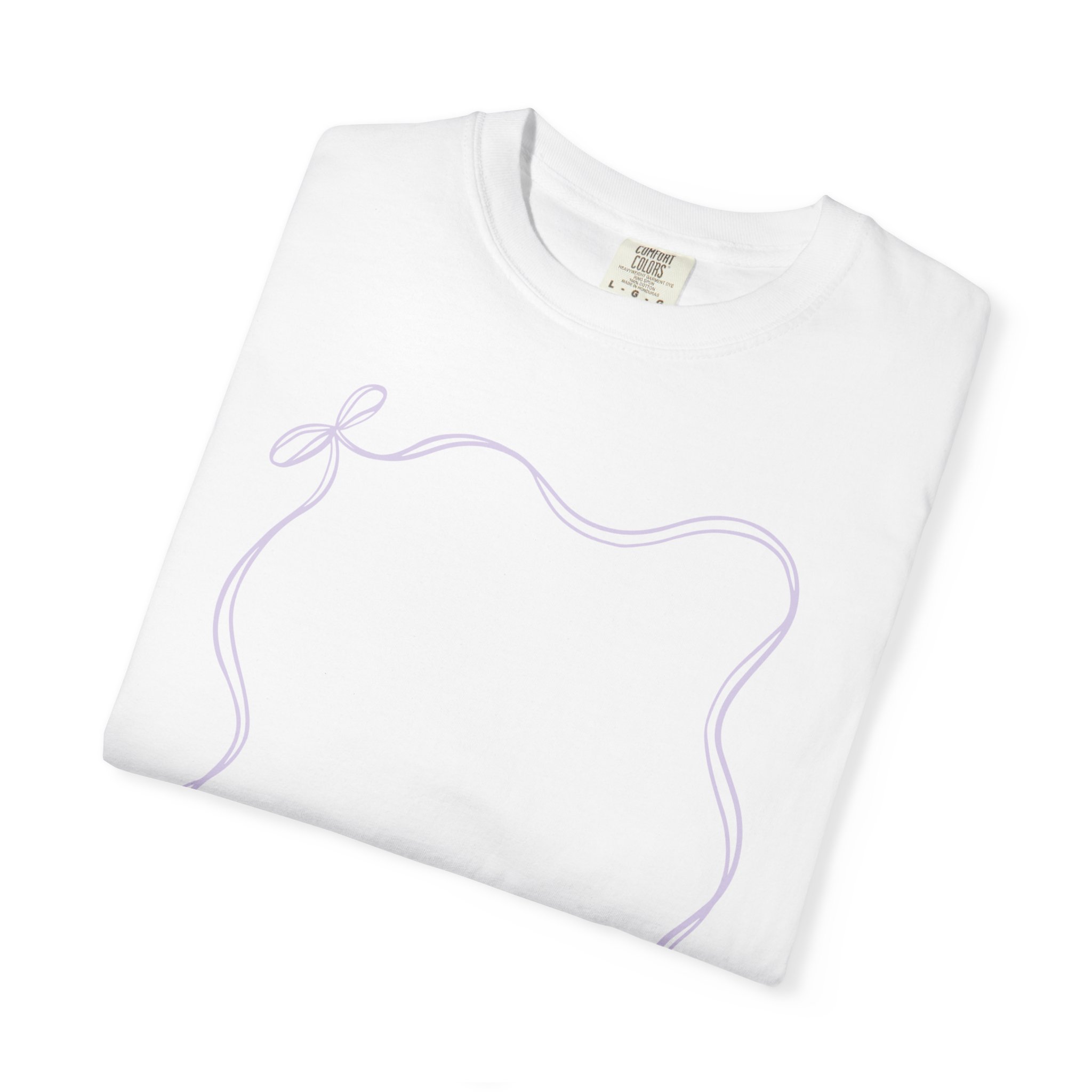 A white teacher T-shirt with a simple purple autograph outline design, perfect for year-end teacher keepsakes and wearable teacher gifts, featuring the Lucky Little Learners branding.