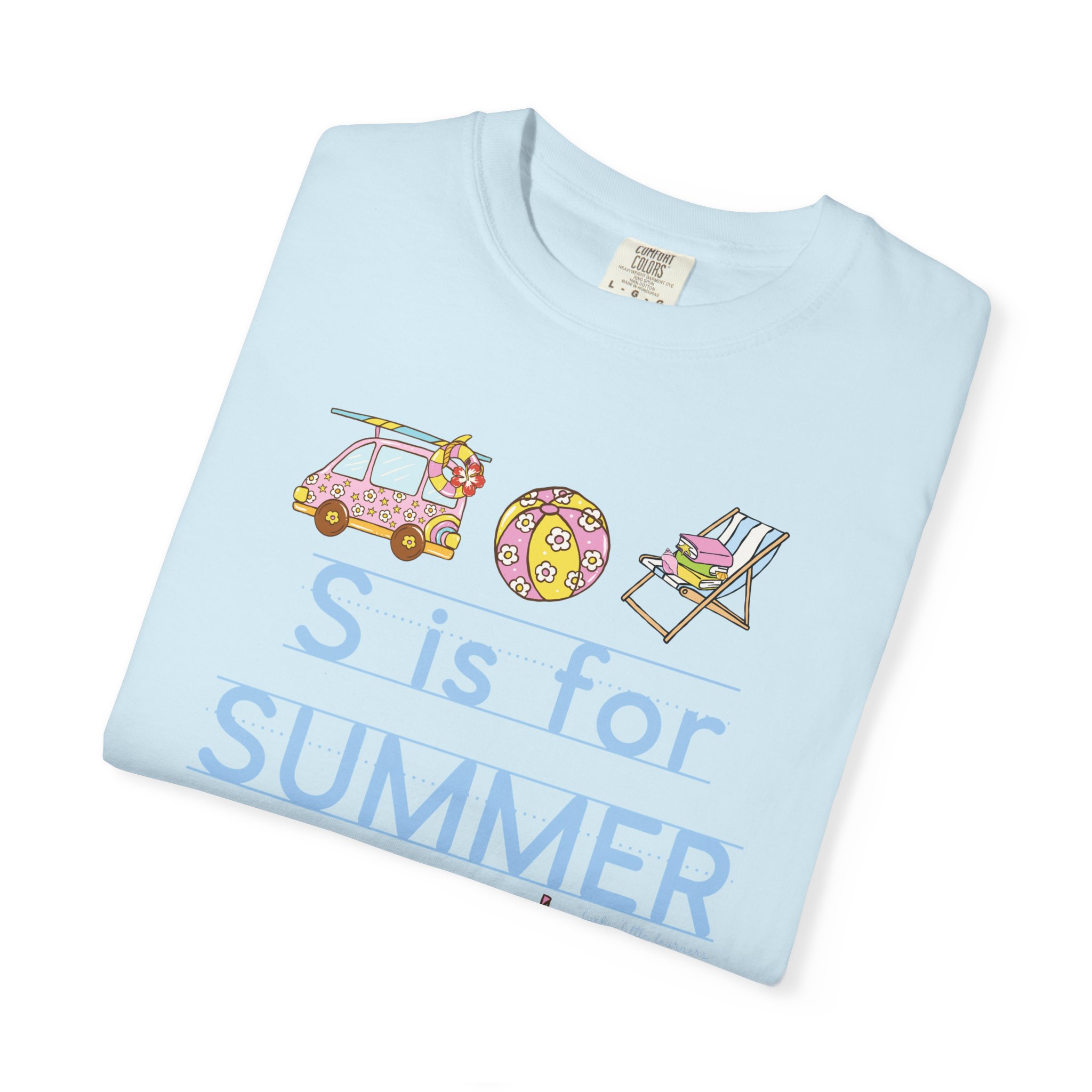 Enjoy your last day of school with this adorable "S is for Summer" teacher T-shirt featuring a fun summer theme with a car, beach ball, and lounge chair, perfect for celebrating the end of the school.