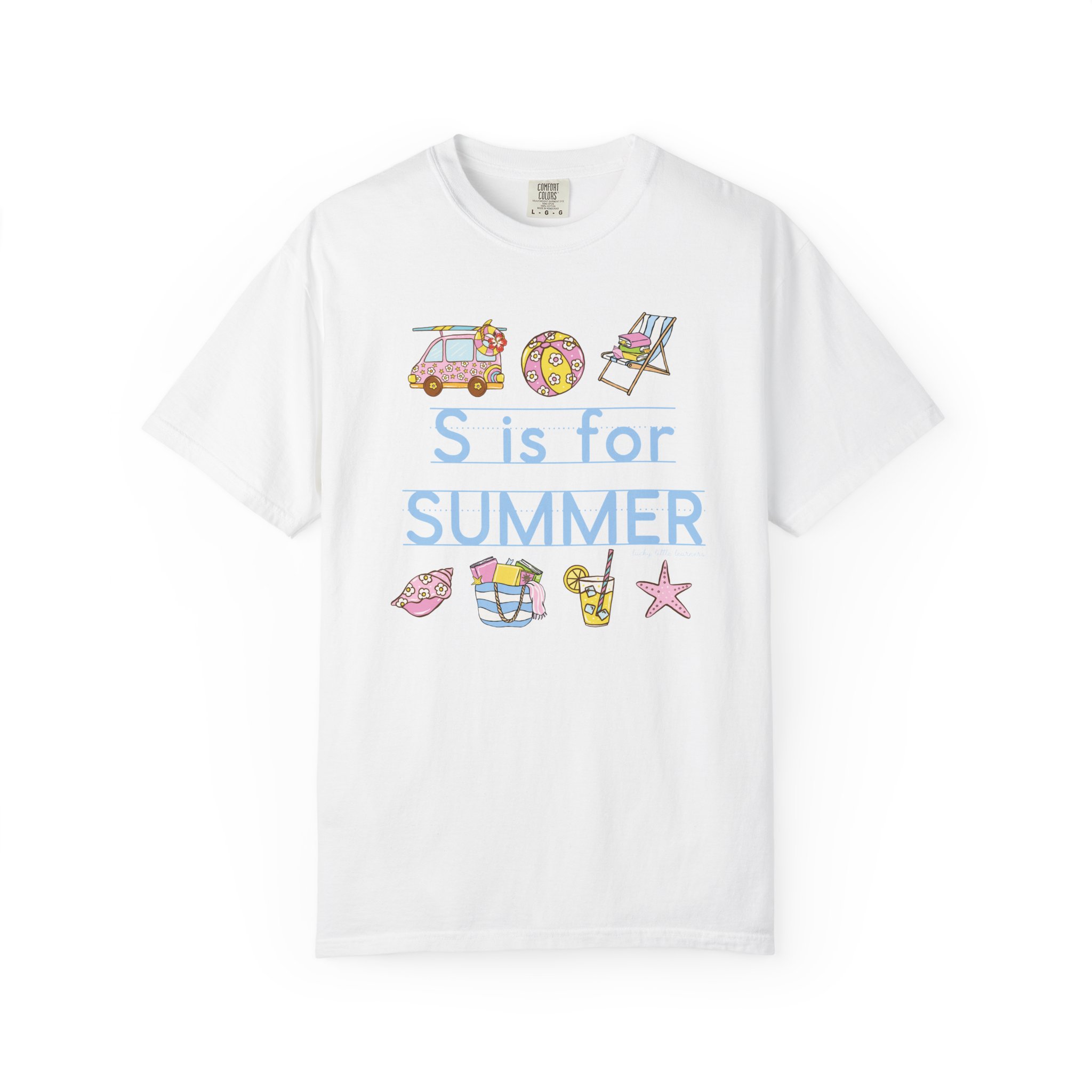 Relaxing summer-themed teacher T-shirt with beach accessories, sun, and fun illustrations, perfect for celebrating the last day of school and summer teaching activities.