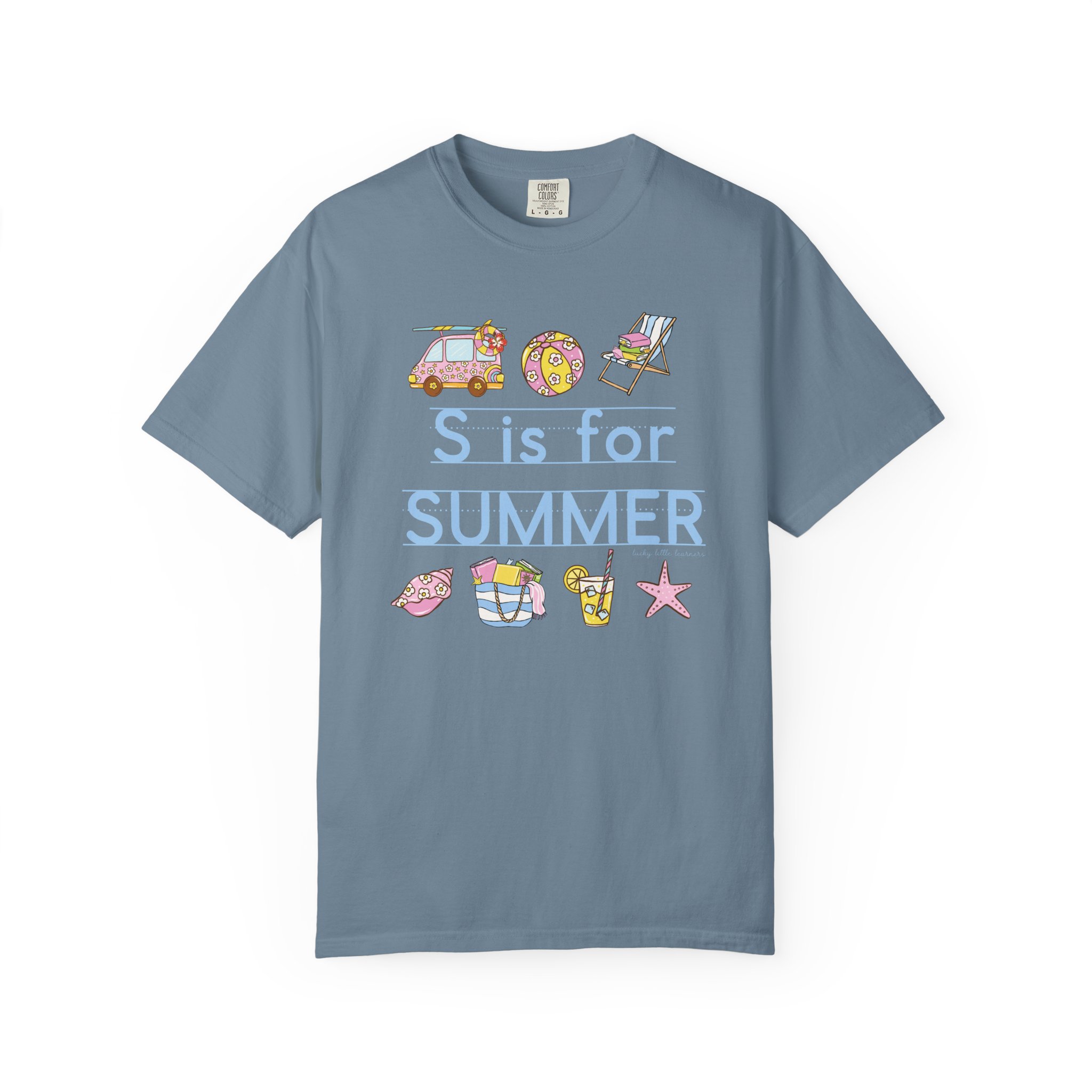 Relaxed, summer-themed teacher T-shirt with playful illustrations of a van, donut, lounge chair, seashell, bucket, drink, and starfish, perfect for last day of school celebrations and summer fun.