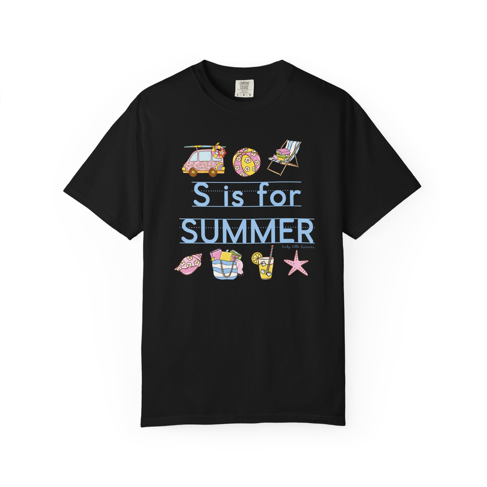 Relaxed fit black teacher T-shirt with summer-themed illustrations including a car, beach ball, lounge chair, flip-flop, beach bag, drink, and starfish, perfect for last day of school celebrations.