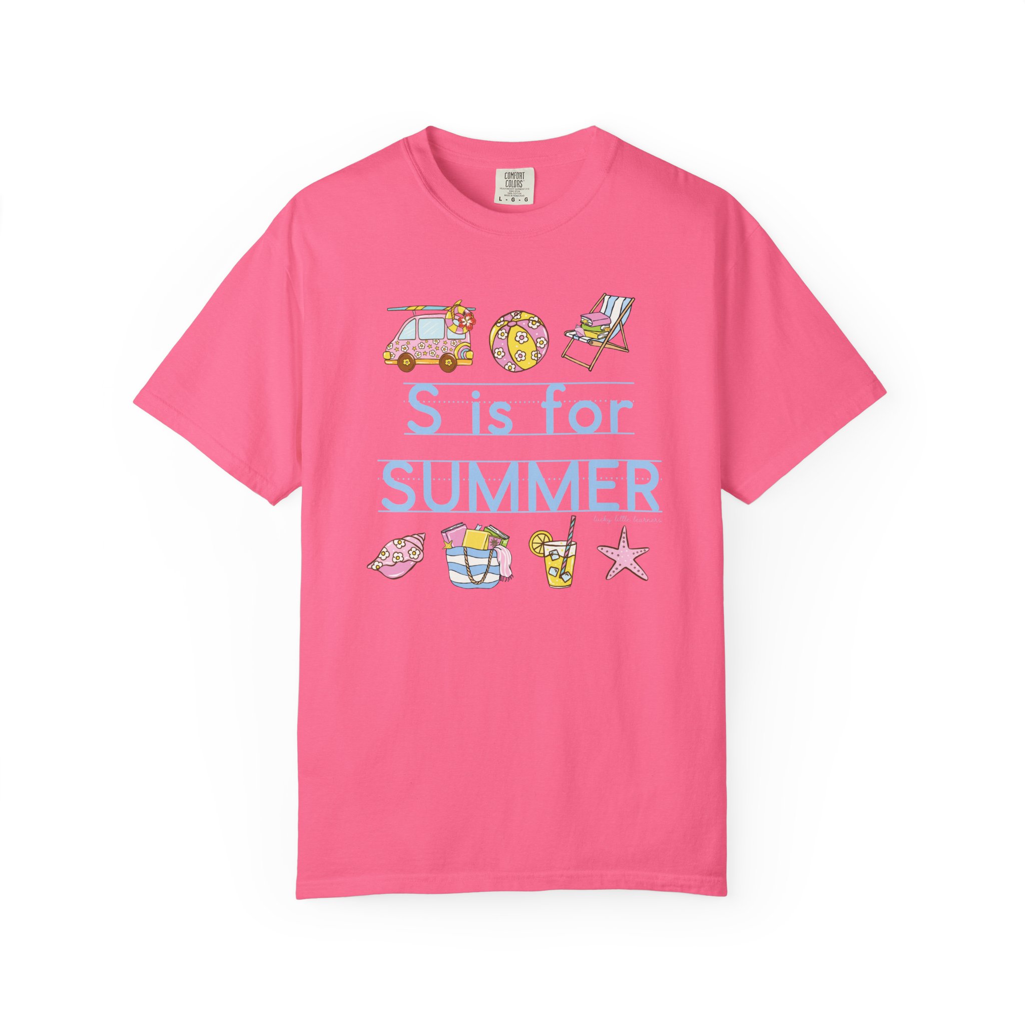 Relaxed, colorful "S is for Summer" teacher T-shirt with beach and summer icons, perfect for last day of school celebrations, summer teaching, and teacher appreciation events.