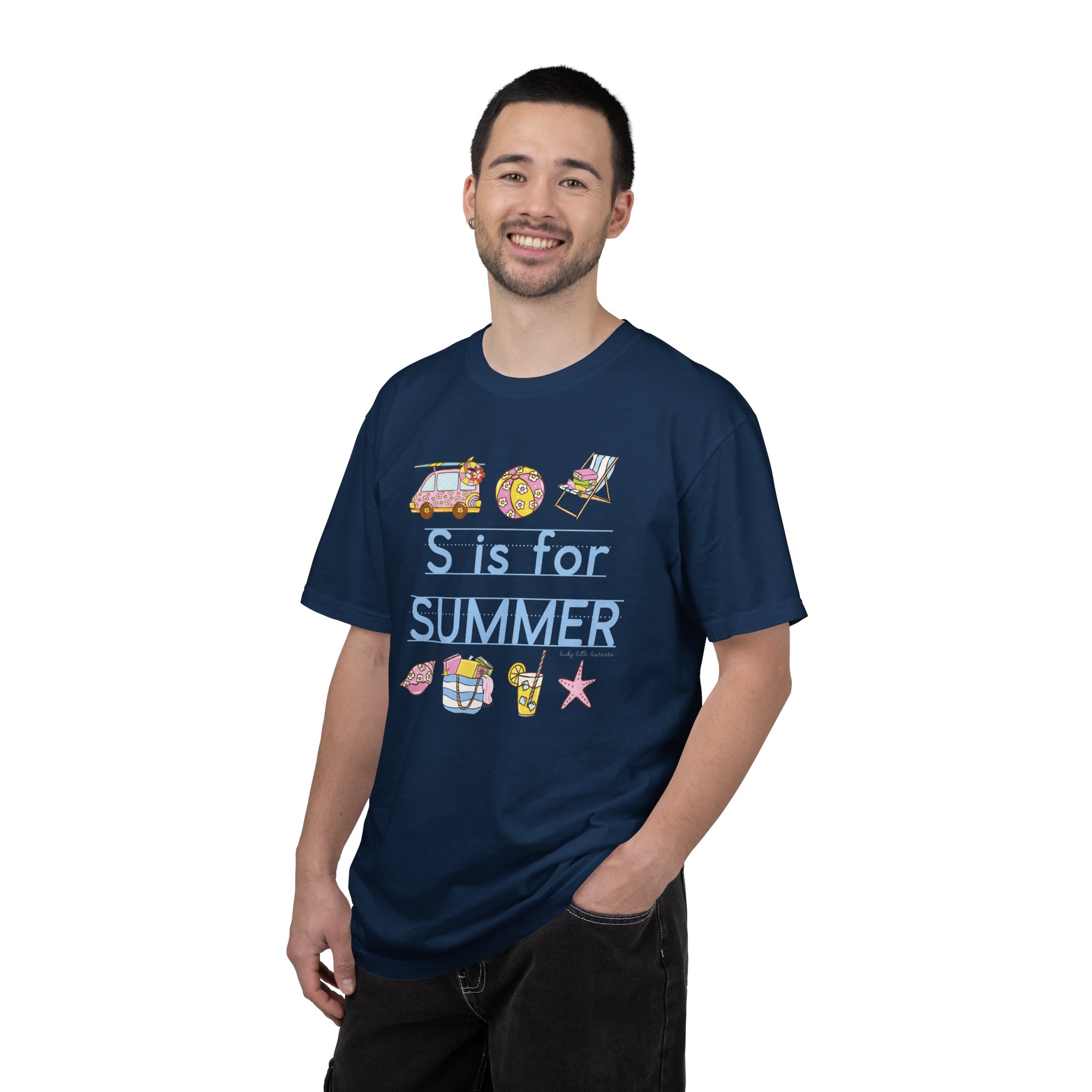 Relaxed man wearing a navy blue "S is for Summer" teacher T-shirt, celebrating the last day of school with summer-themed illustrations, perfect for summer teacher appreciation and end-of-year celebra.