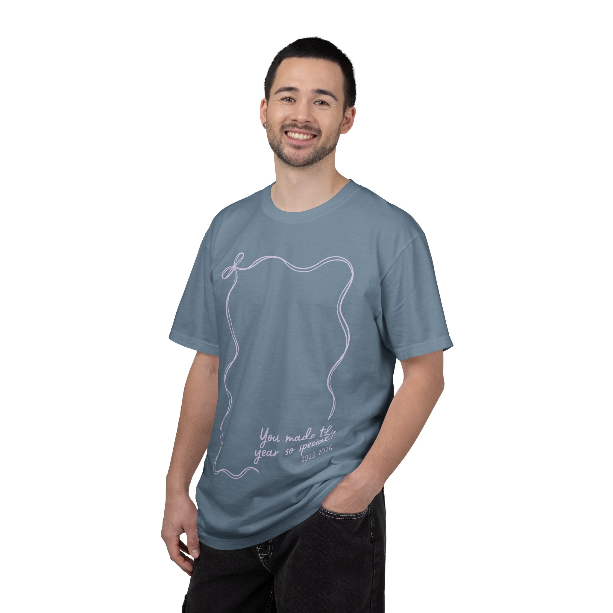 A colorful teacher autograph T-shirt with a white outline of a frame and the text "You made the year so awesome" for year-end teacher keepsake and appreciation.