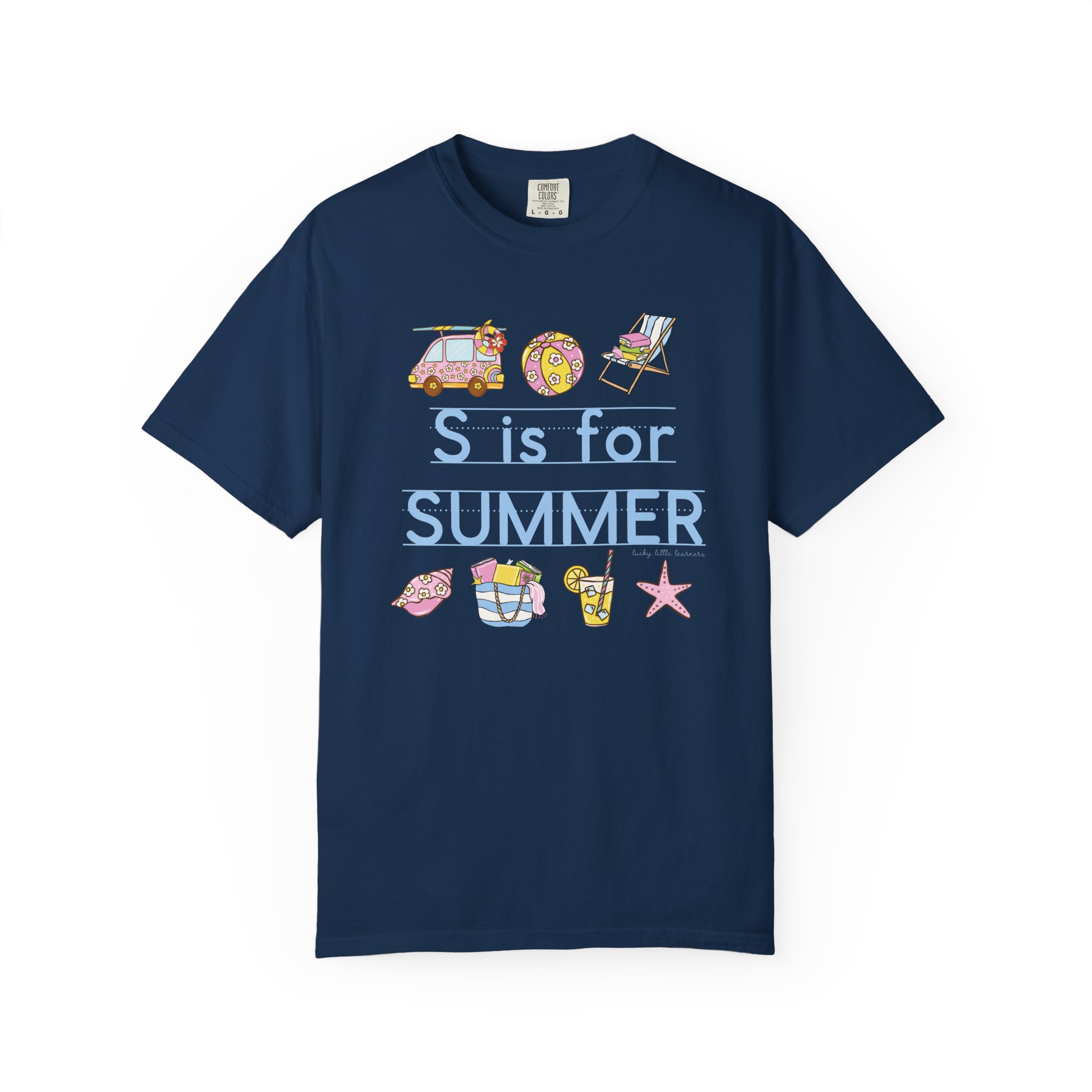 Relaxed fit navy blue teacher T-shirt with summer-themed illustrations, including a beach ball, sunglasses, starfish, and drinks, celebrating the last day of school and summer fun.