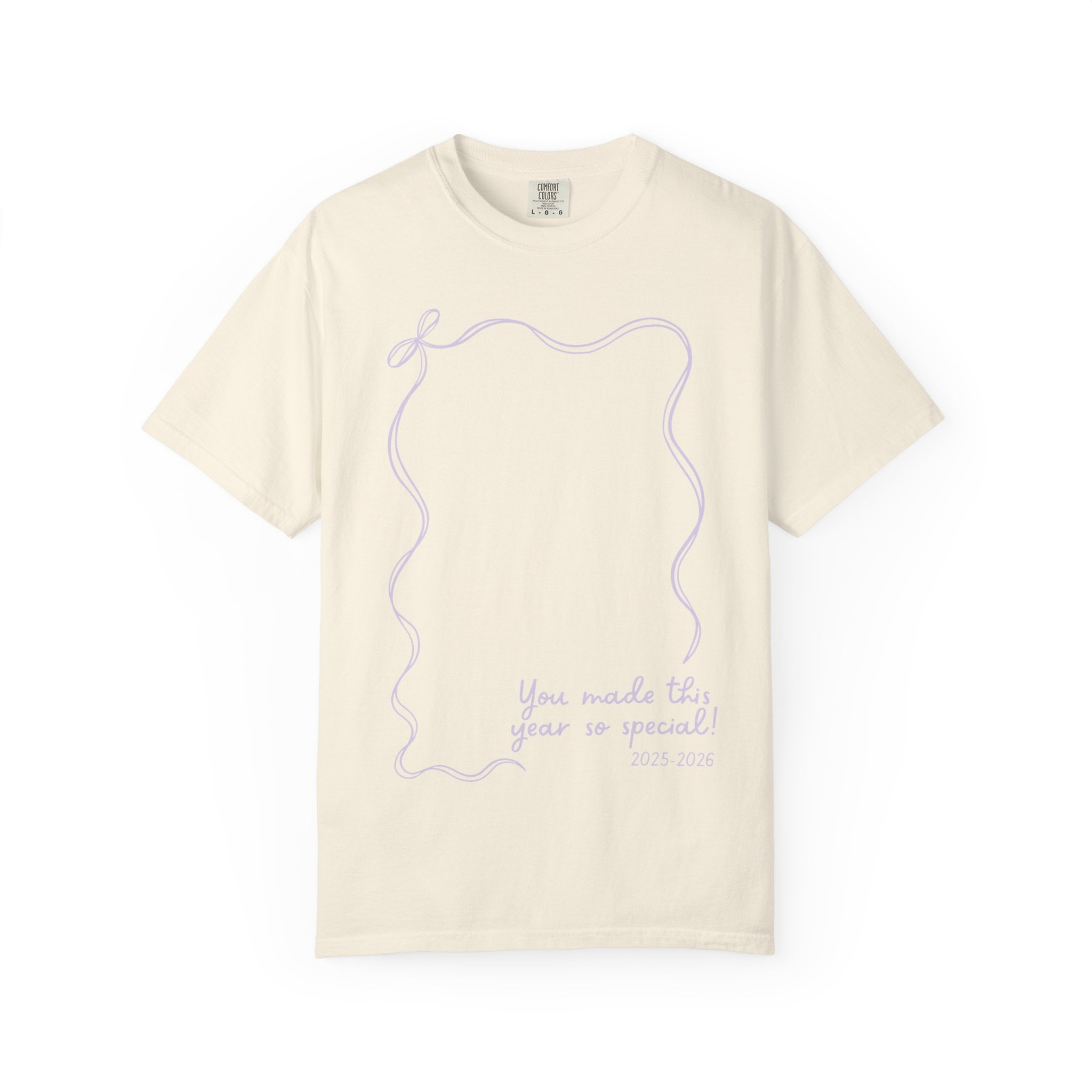 A colorful teacher T-shirt with a handwritten-style design, featuring a large blank space for autographs, and the message "You made this year so special! 2025-2026," perfect for year-end keepsakes an.