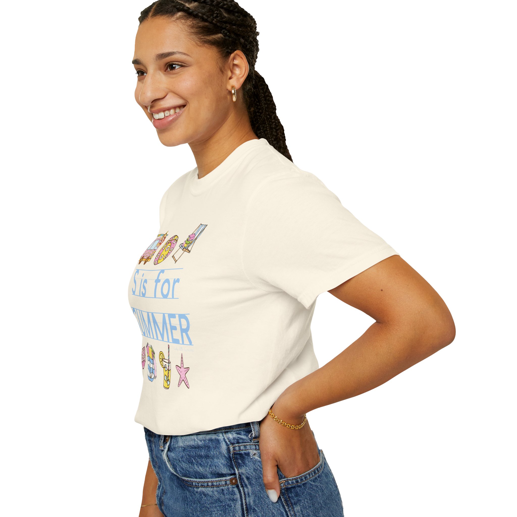 A colorful "S is for Summer" teacher T-shirt designed for celebrating the last day of school, perfect for teachers and educators embracing summer and end-of-year festivities.