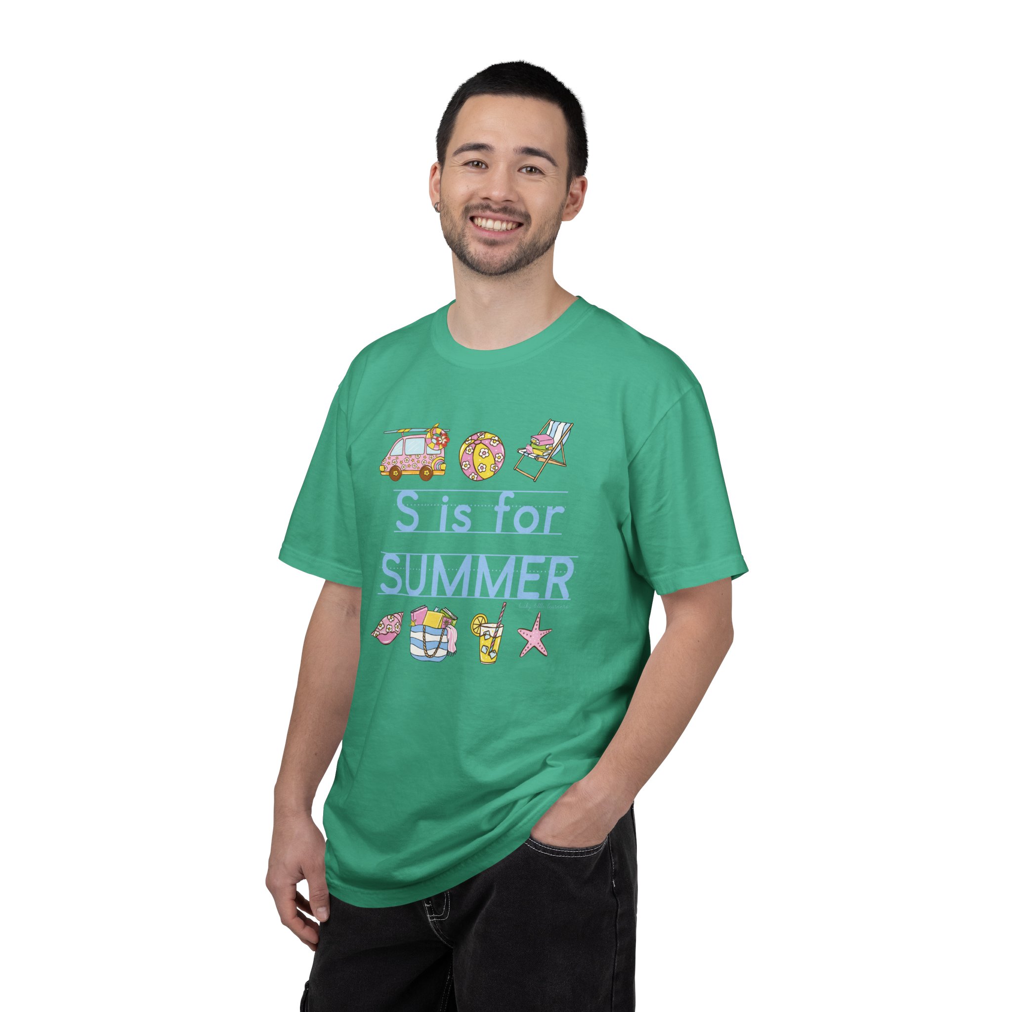 Enjoy your last day of school with this S is for Summer Teacher T-Shirt, featuring colorful summer-themed icons and perfect for celebrating the end of the school year.