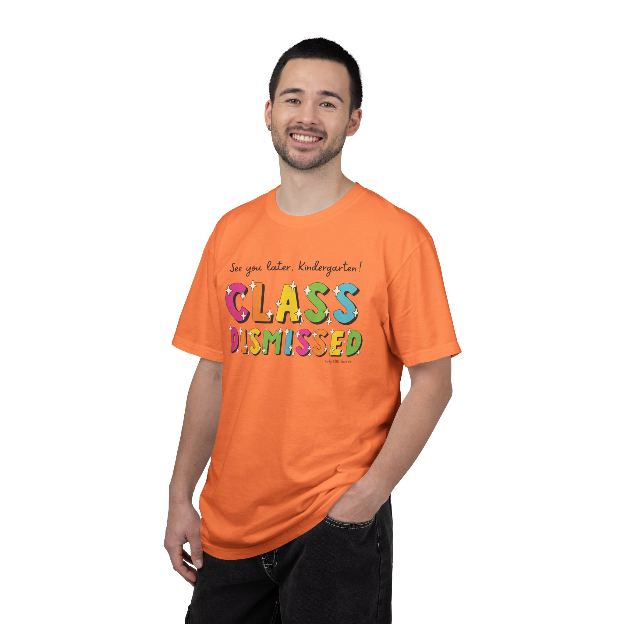 Enjoyable and colorful "Class Dismissed" kindergarten T-shirt for celebrating the end of the school year, perfect for teachers and students, featuring vibrant lettering and fun design.