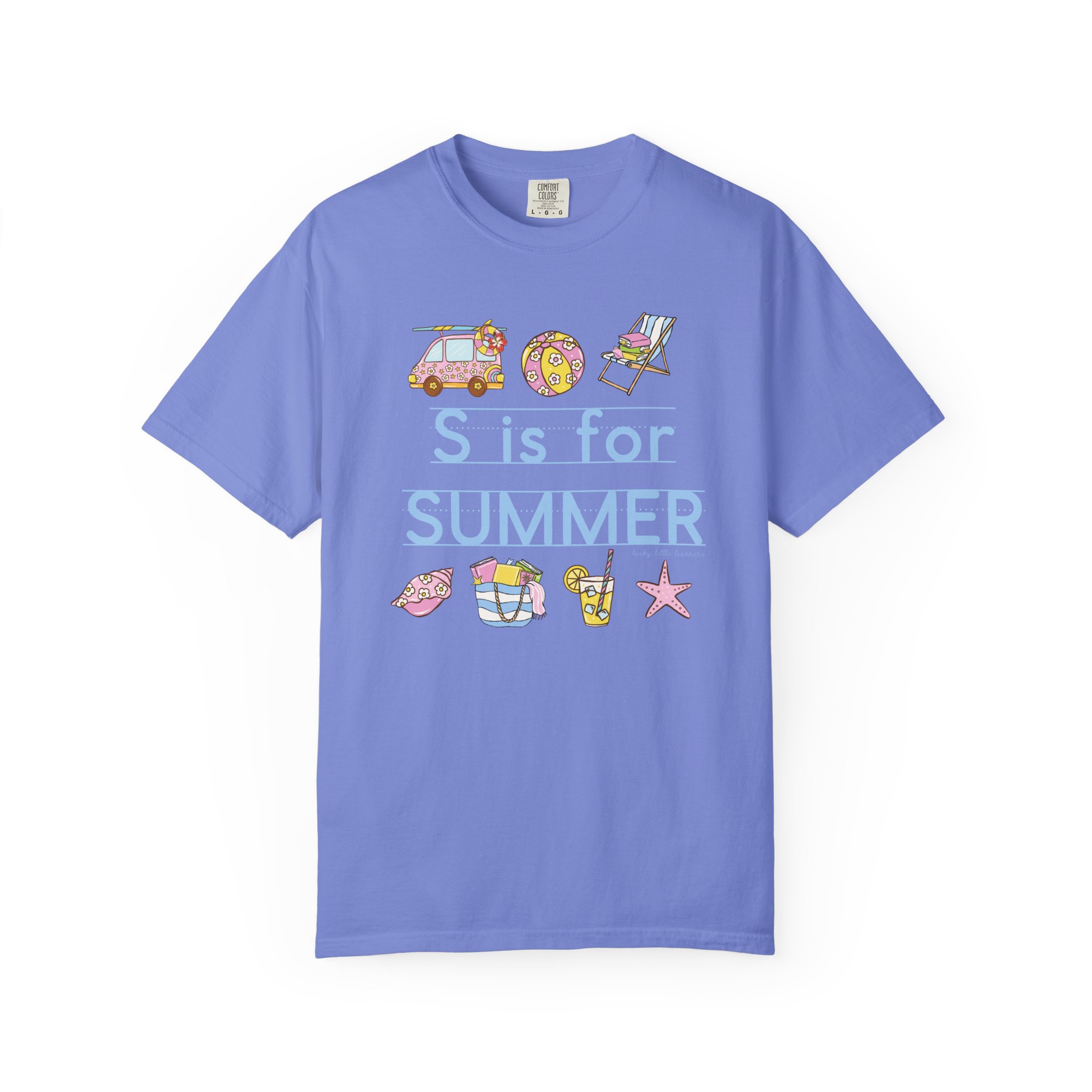 Relaxed fit summer teacher T-shirt with colorful summer-themed illustrations, perfect for last day of school celebrations, featuring the phrase "S is for Summer" in playful pastel colors.