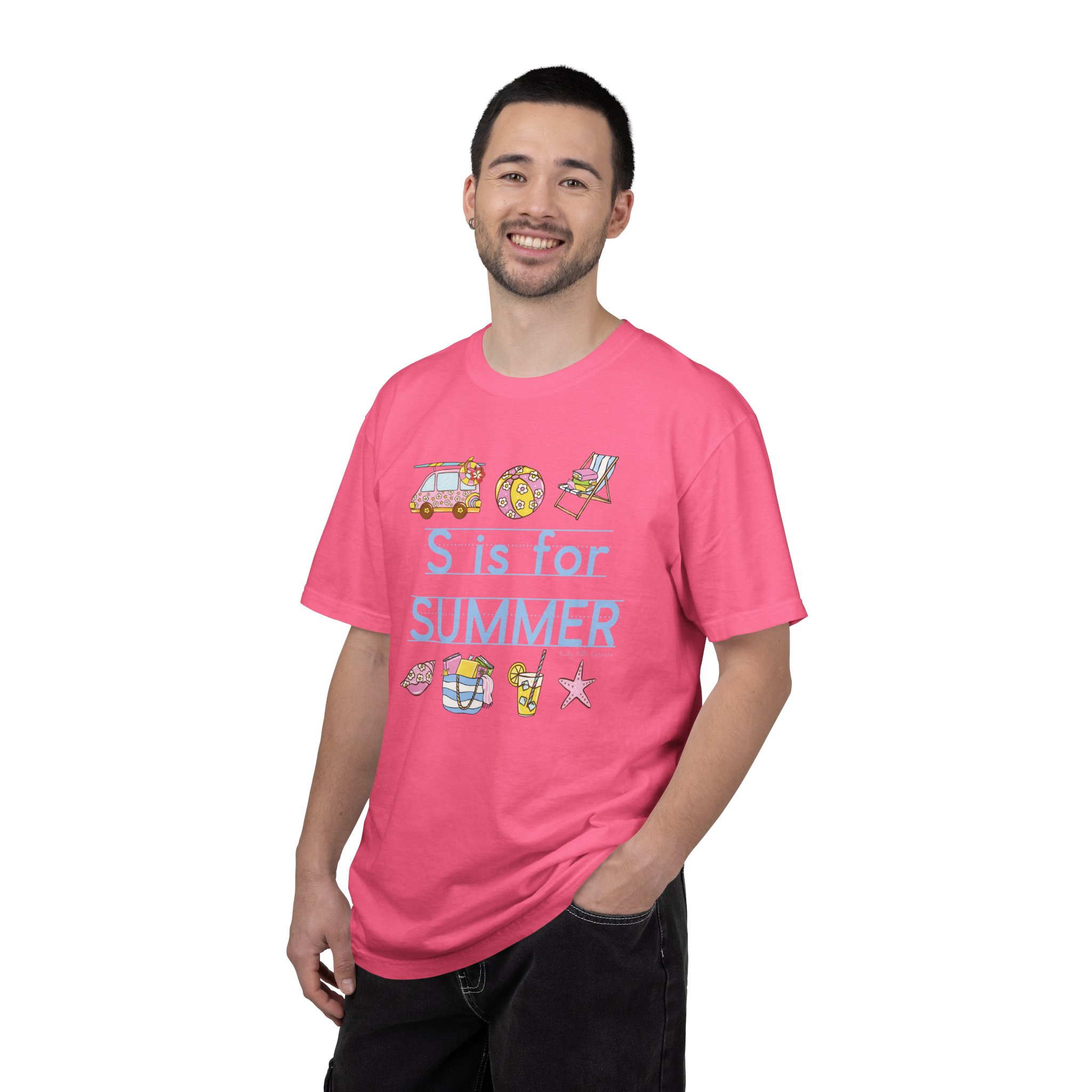 Enjoy the last day of school with this fun "S is for Summer" teacher T-shirt, perfect for celebrating the end of the school year and summer vacation.