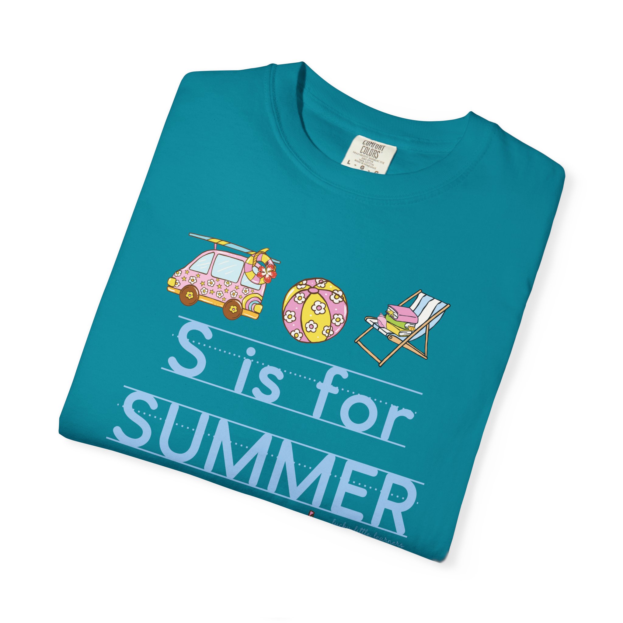 Enjoy your summer with the "S is for Summer" teacher T-shirt, perfect for last day of school celebrations, featuring fun summer-themed graphics like a car, beach ball, and lounge chair.