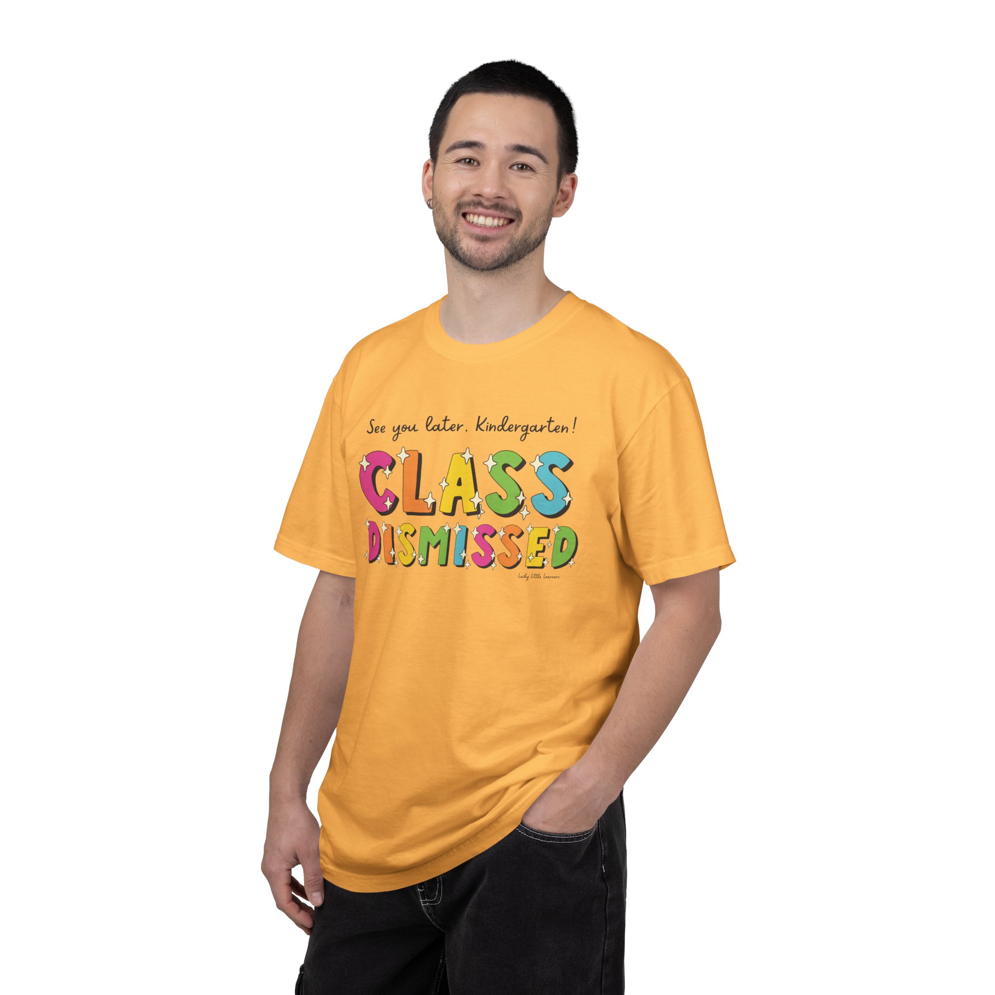 See you later kindergarten! Class dismissed T-shirt for teachers and students, colorful classroom apparel, fun back-to-school clothing, perfect for graduation or end-of-year celebrations.