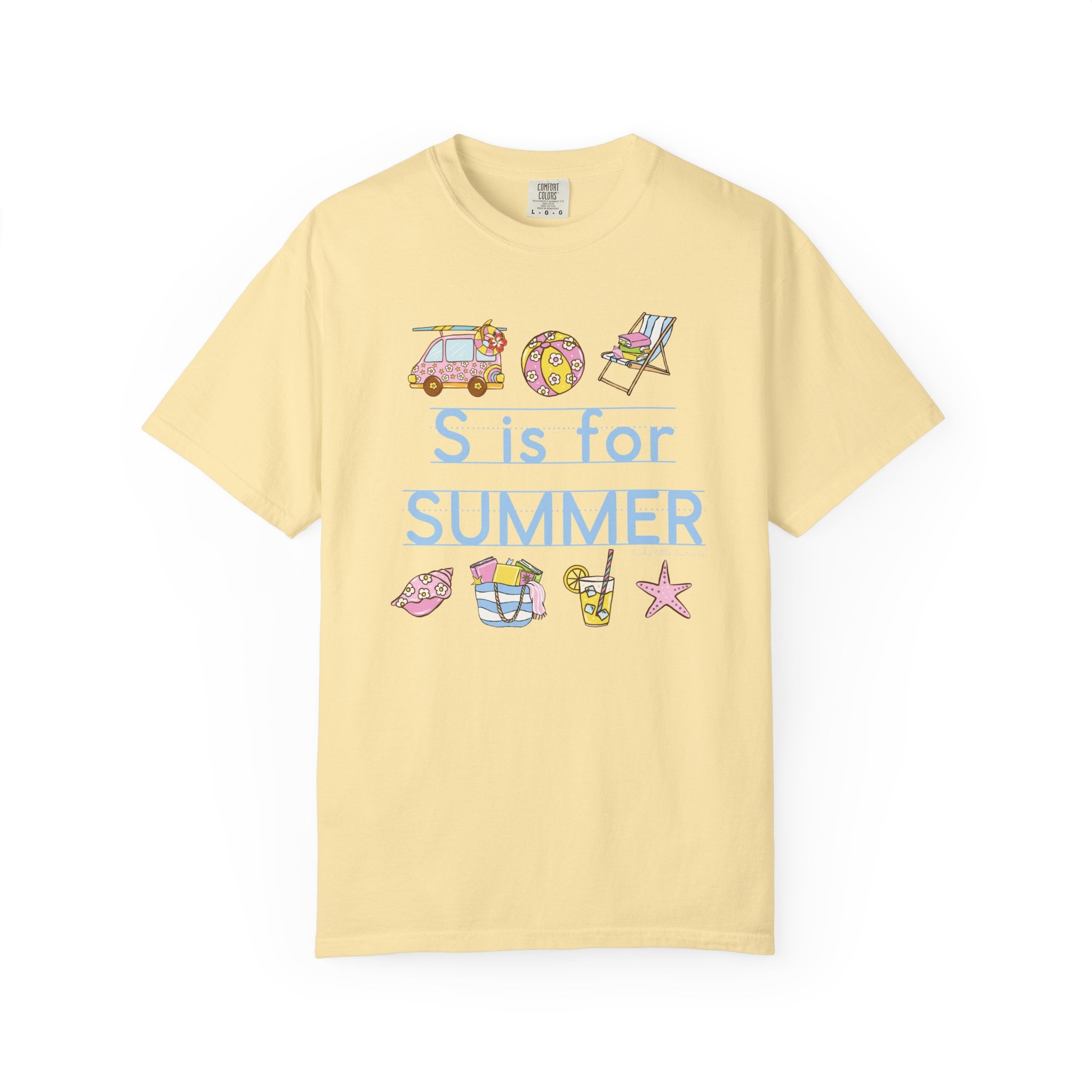 Relaxed yellow summer teacher T-shirt with colorful summer-themed illustrations, perfect for last day of school celebration, featuring a car, donut, beach chair, flip-flops, starfish, and drinks.