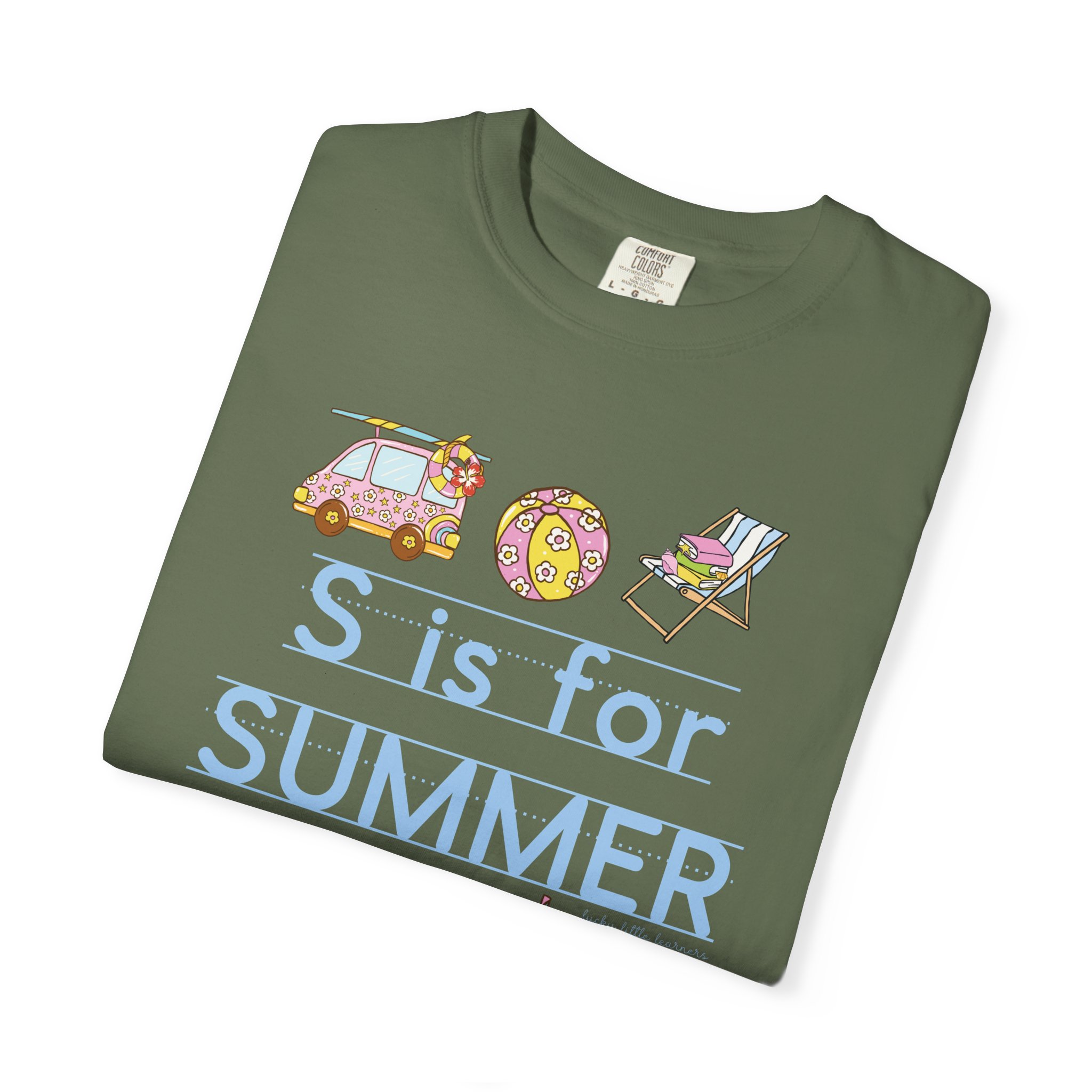 Enjoy your summer with the "S is for Summer" teacher T-shirt, perfect for last day of school celebrations, featuring fun summer-themed graphics like a car, beach ball, and lounge chair.