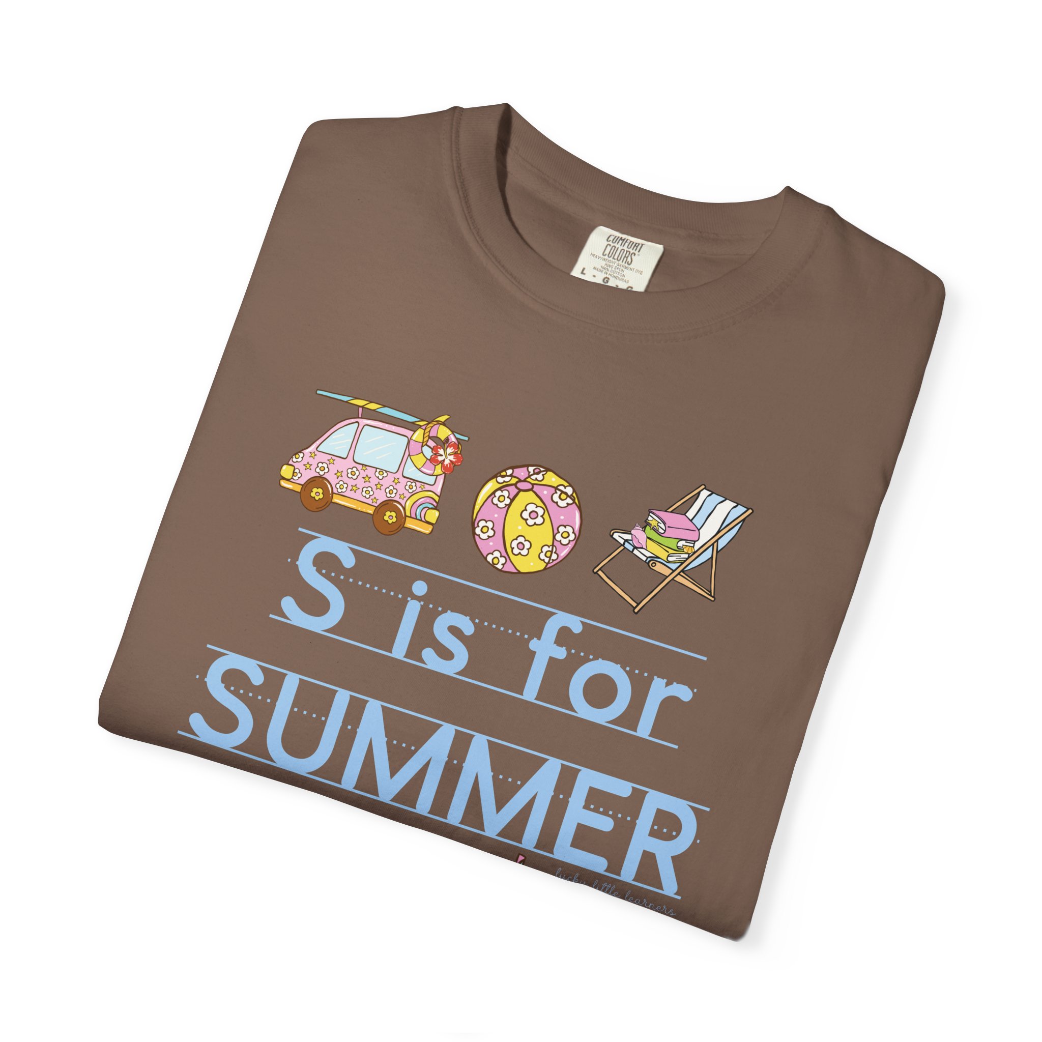 Relaxed, colorful "S is for Summer" teacher T-shirt with a car, beach ball, and lounge chair, perfect for last day of school celebrations and summer teaching activities.